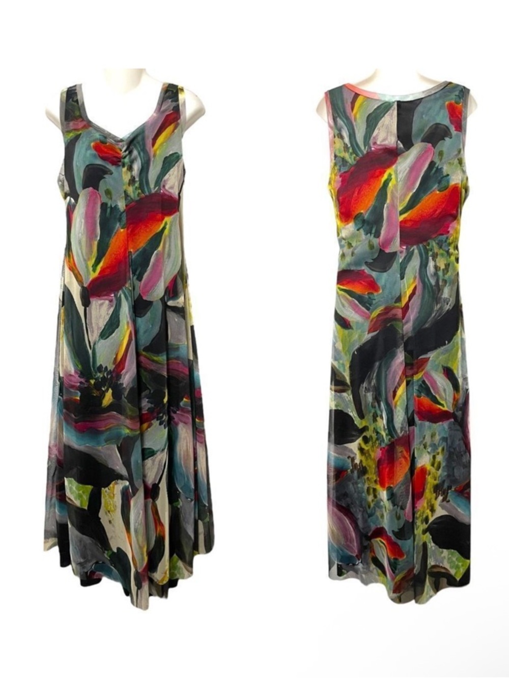 ELANA KATTAN Watercolor V-Neckline Fit N Flare Mesh Midi Dress L